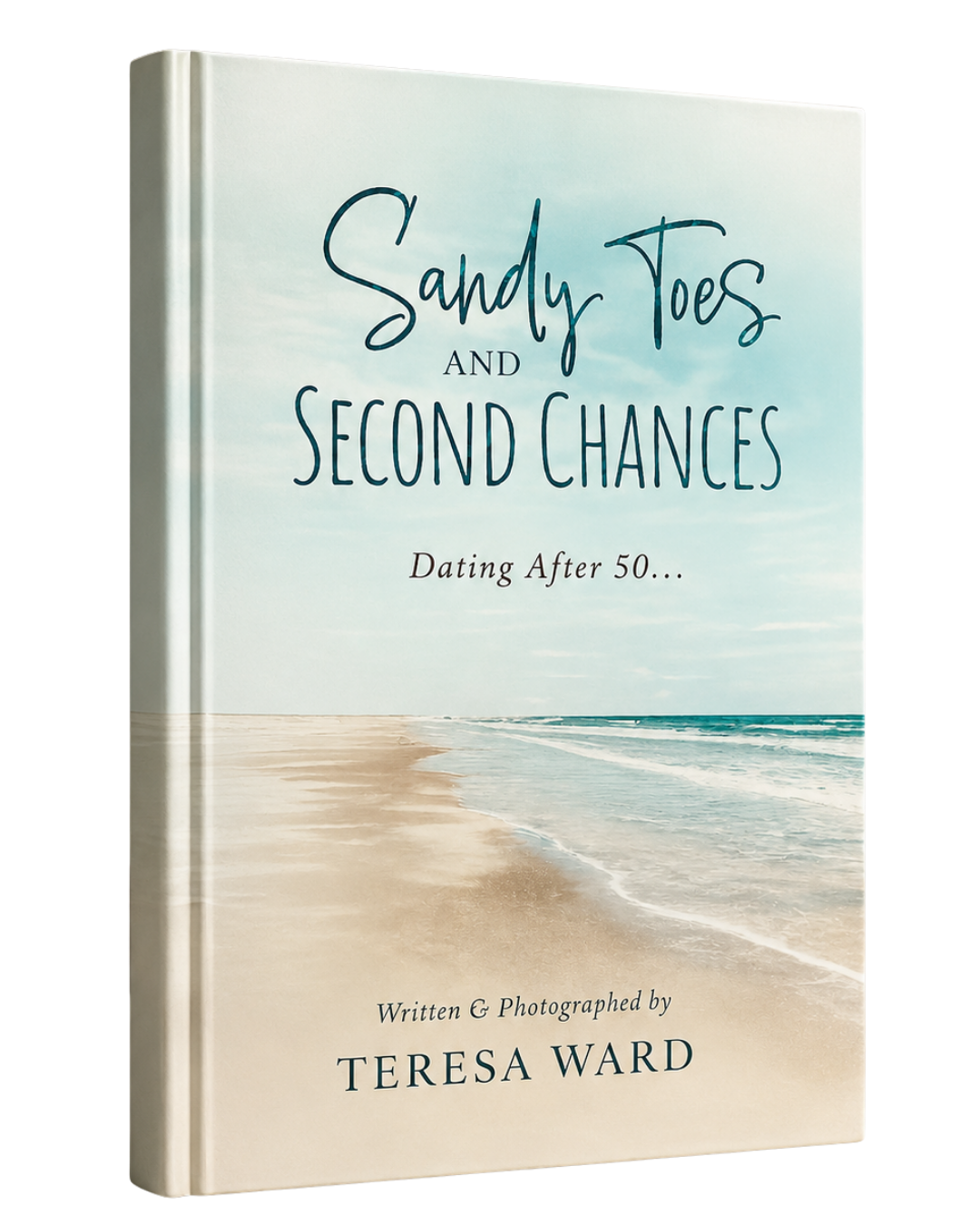 Book cover titled 'Sandy Toes and Second Chances: Dating After 50' with a beach scene background.