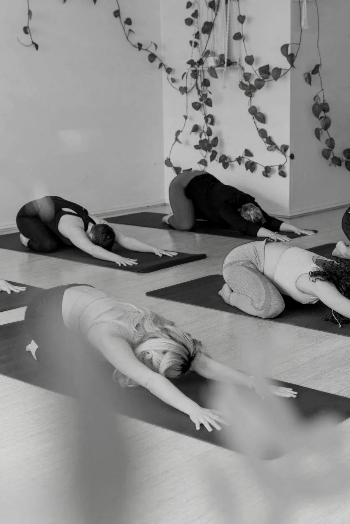 Participants enjoying a private yoga class while resting in Child's Pose, a restorative posture that encourages relaxation, mindful breathing, and accessible movement for every body in a personalized yoga experience.