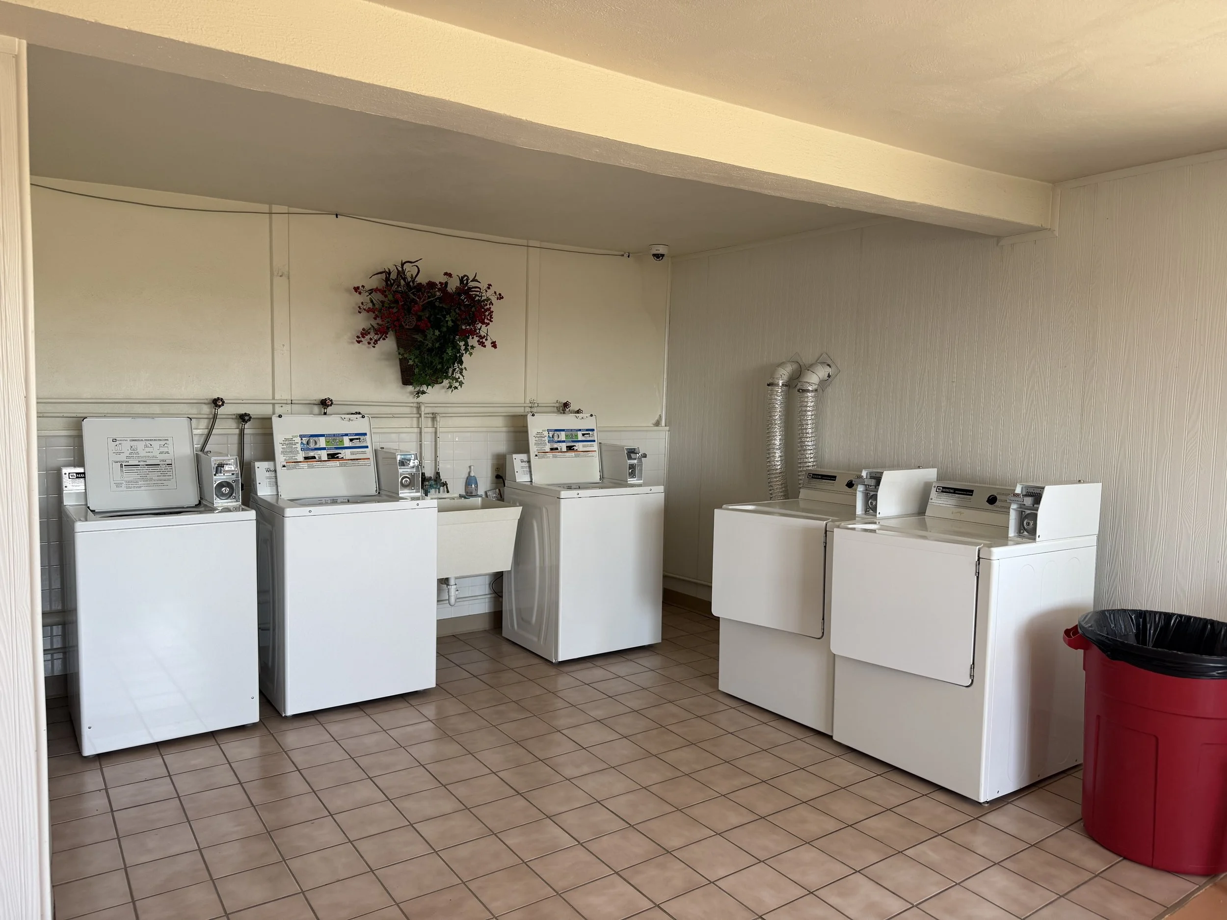 A laundry room with six white washing machines lined up along the wall, a red trash can, a small white sink, and a decorative flower arrangement on the wall.