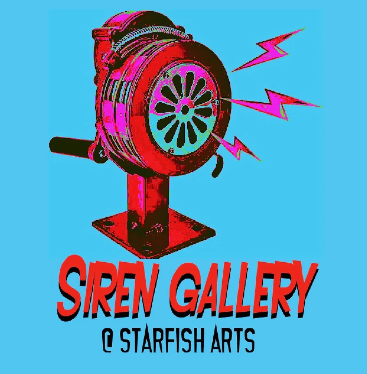 A vintage-style meat grinder with pink and red coloring against a bright blue background, with pink lightning bolts coming out of the grinding part. The text reads 'Siren Gallery @ Starfish Arts' in bold red and black letters.