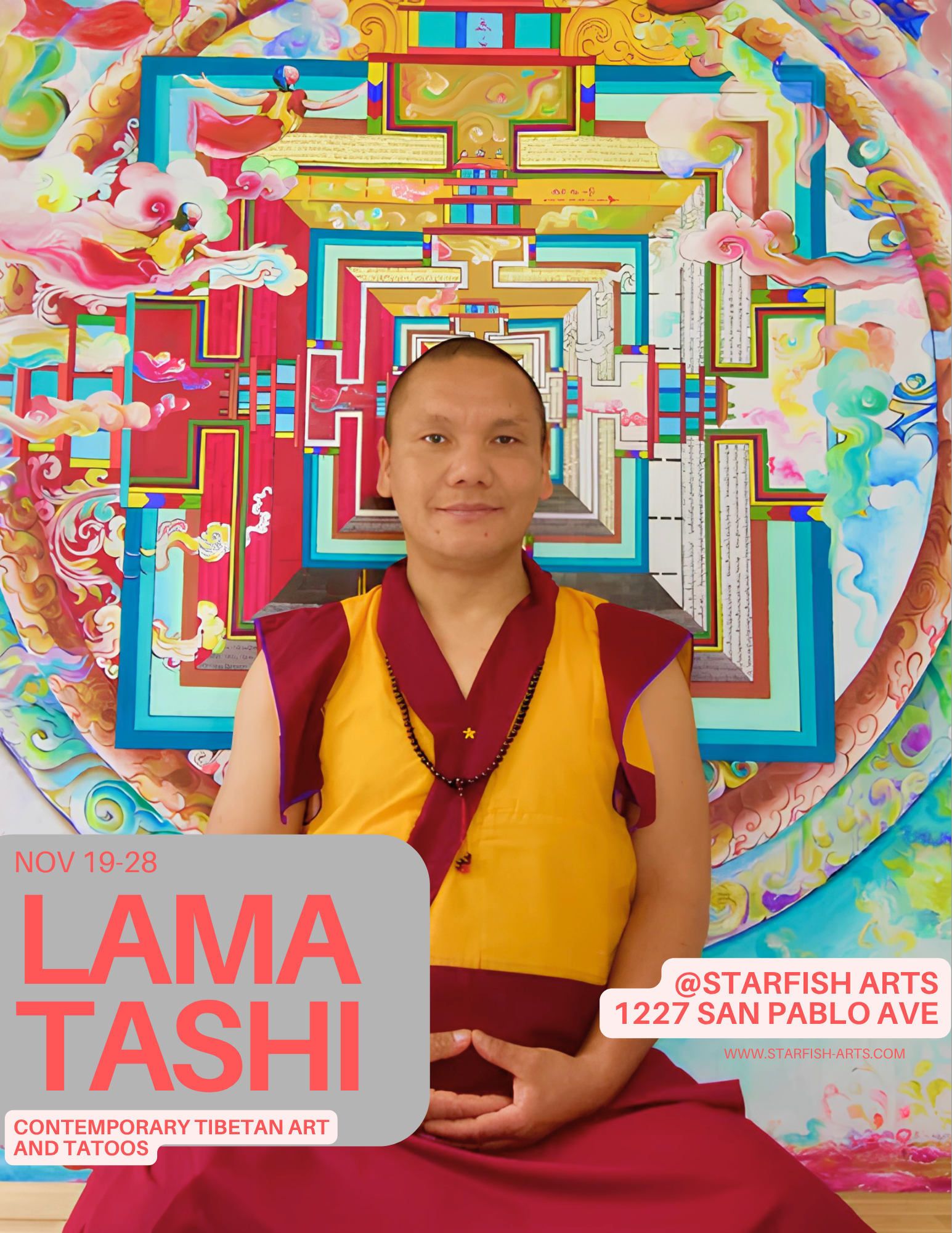 Lama Tashi in traditional Tibetan attire sitting in front of a vibrant, colorful contemporary Tibetan art and tattoos display. The background features a large, circular painting with intricate patterns, clouds, and figures.