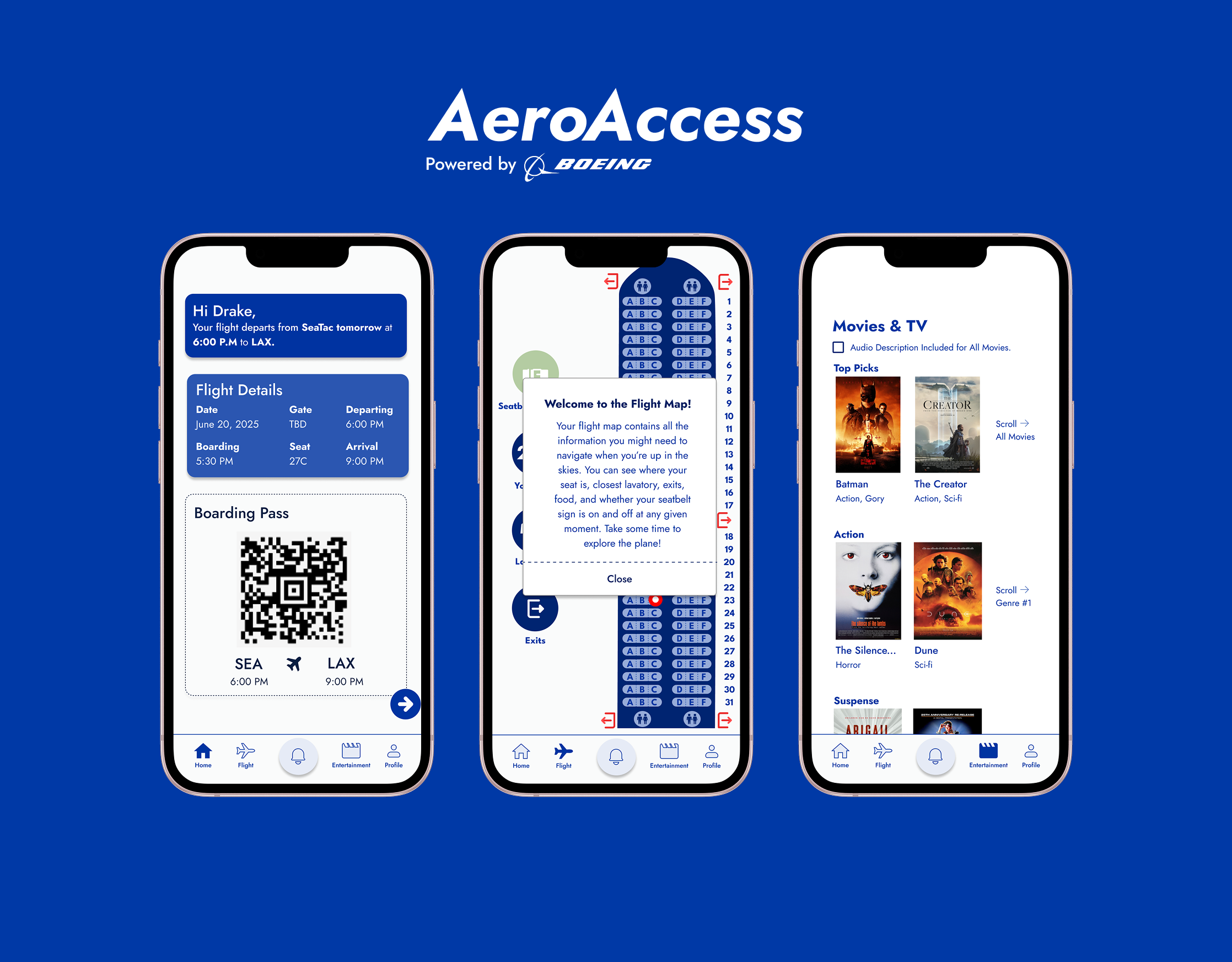 Screenshot of a mobile app interface for AeroAccess, powered by Boeing, displaying flight information, airport navigation, and entertainment options.