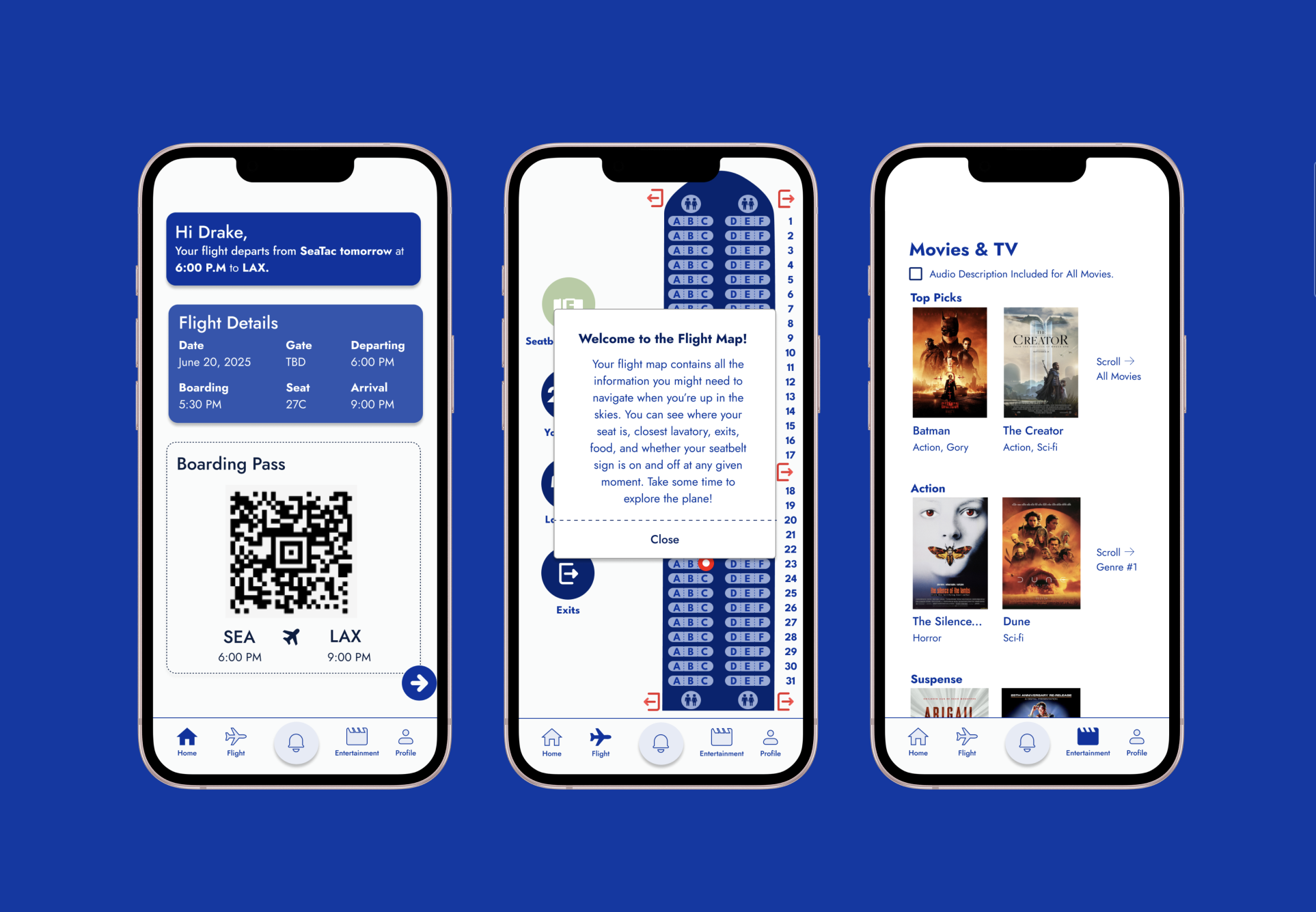 Three smartphones displaying airline and entertainment app interfaces, including flight details, a seat map, and movies and TV shows.