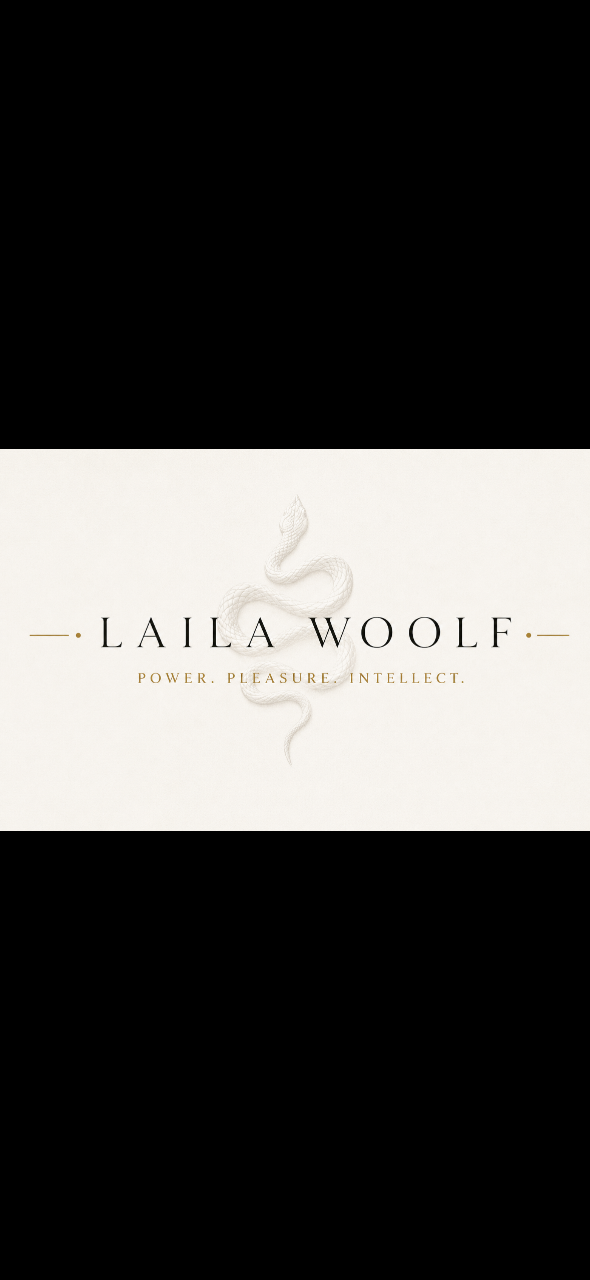 Logo  'Power. Pleasure. Intellect.' by Laila Woolf, featuring a white snake illustration on a beige background.
