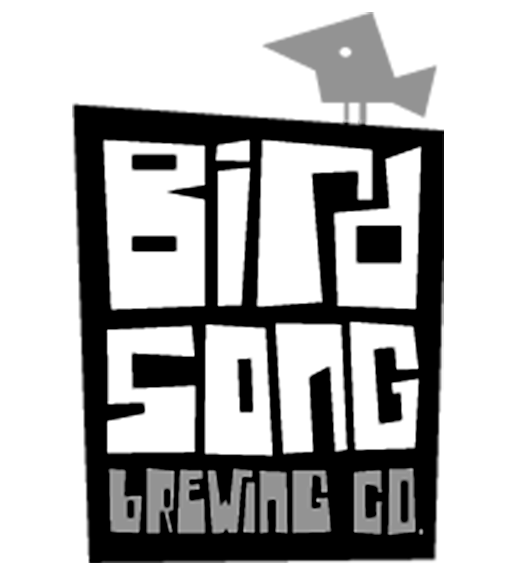 Logo of Bird Song Brewing Co. with stylized text and graphic elements in black, white, and gray