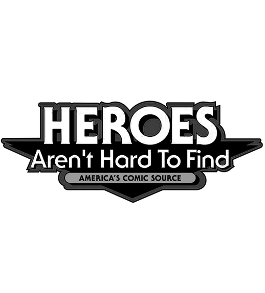 Text-based graphic with the words "Heroes Aren't Hard To Find America's Comic Source" in black, white, and gray colors on a dark background.