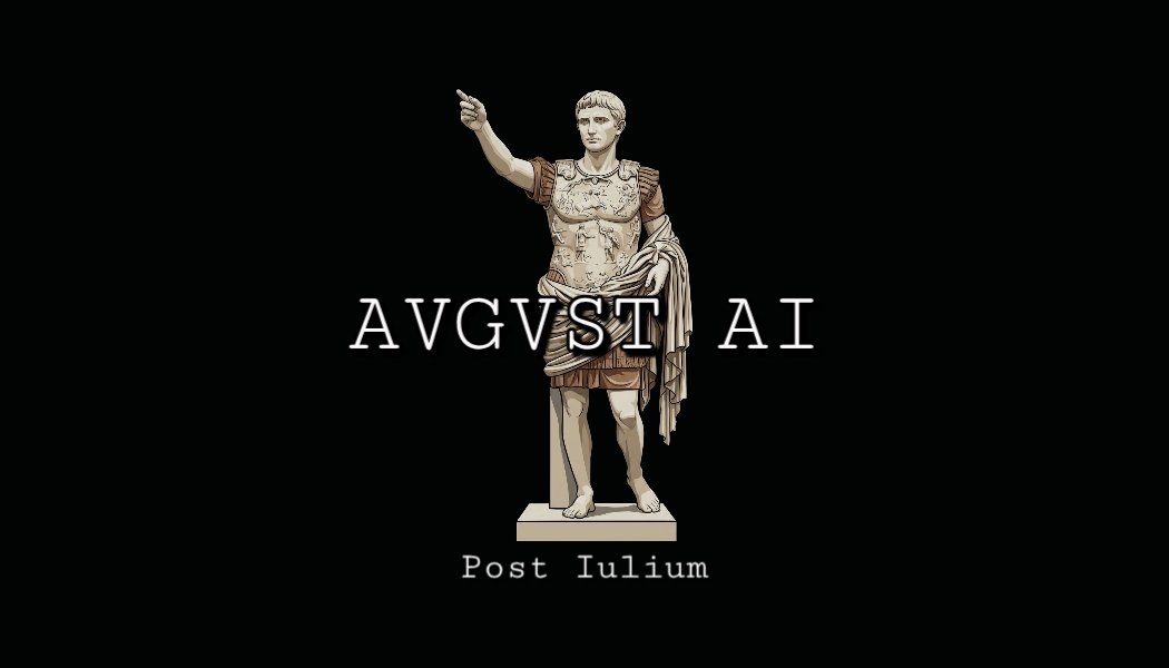 A digital illustration of a Roman statue of a man in ornate armor, pointing forward with text 'AVGUST AI' and 'Post Iulium' on a black background.