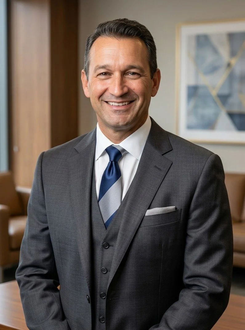A smiling man in a dark gray suit, white shirt, and blue striped tie standing in a modern office.