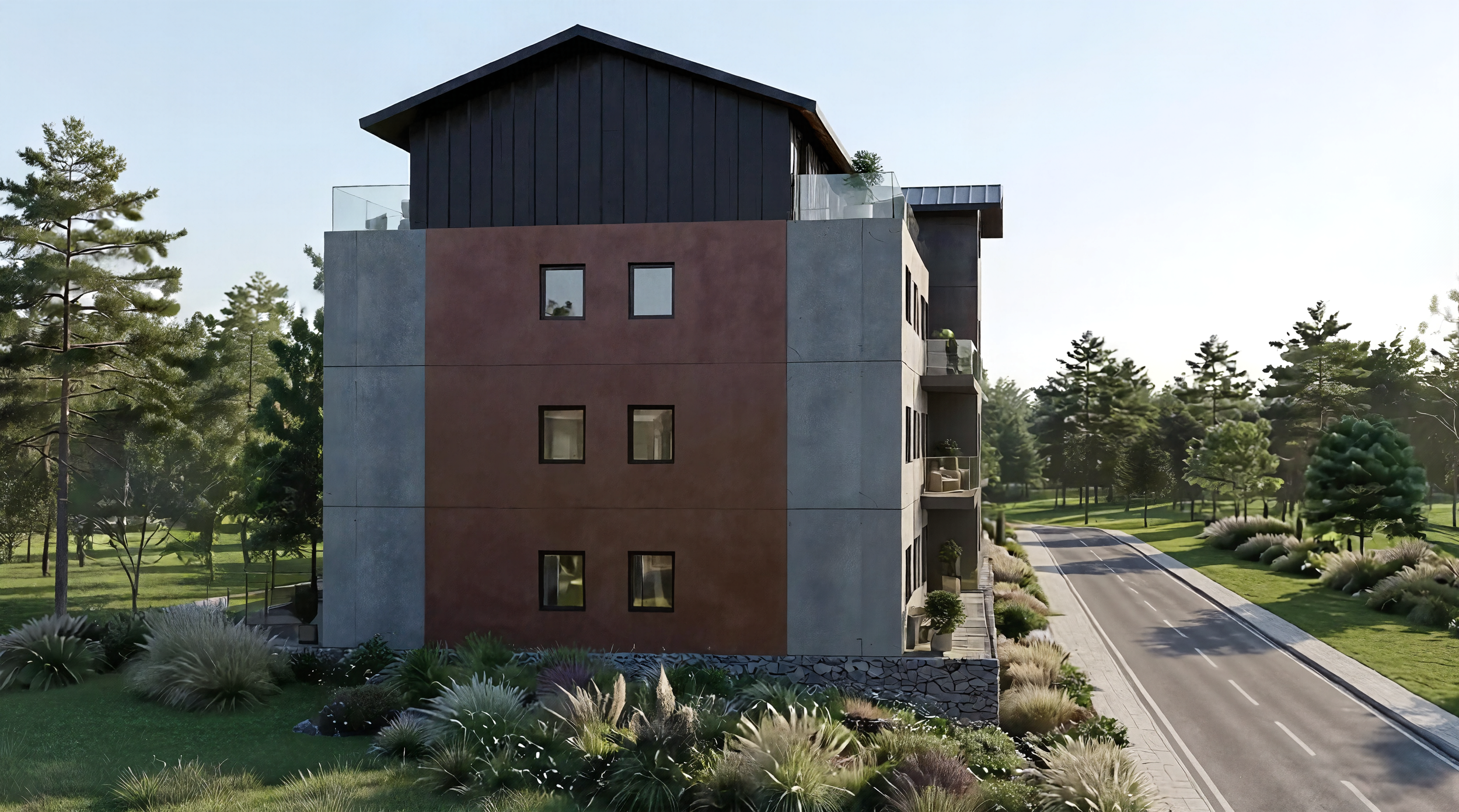 Vista lateral de Residencial Mioño Park en Castro Urdiales, promoción de vivienda libre con terrazas, zonas verdes y alta eficiencia energética.