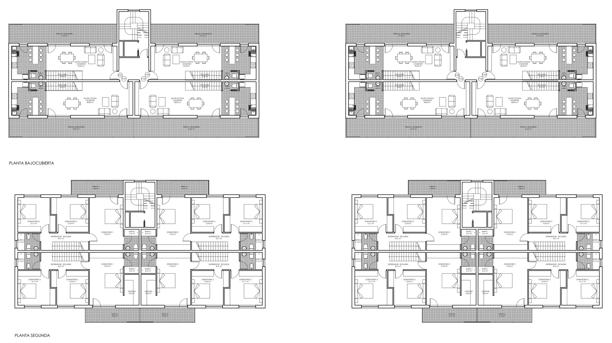Plano comercial de distribución de viviendas dúplex de plantas altas en Residencial Mioño Park en Mioño, Castro Urdiales.