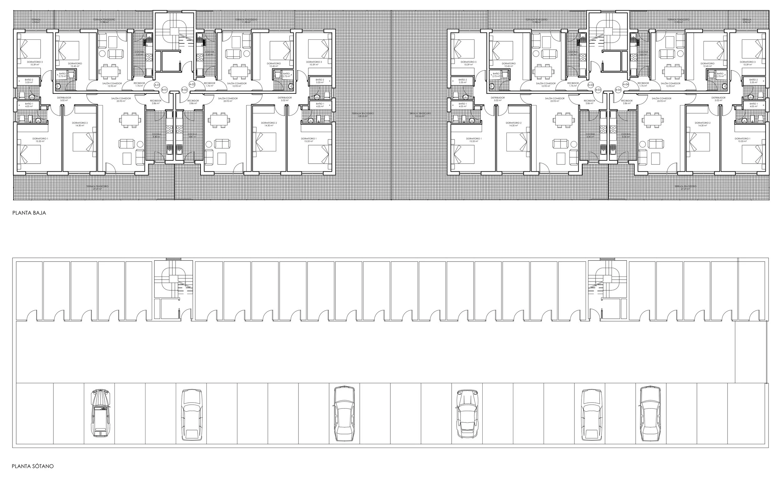 Plano comercial de vivienda en Residencial Mioño Park, con distribución de estancias, garaje y espacios funcionales adaptados a las necesidades de la vida familiar.