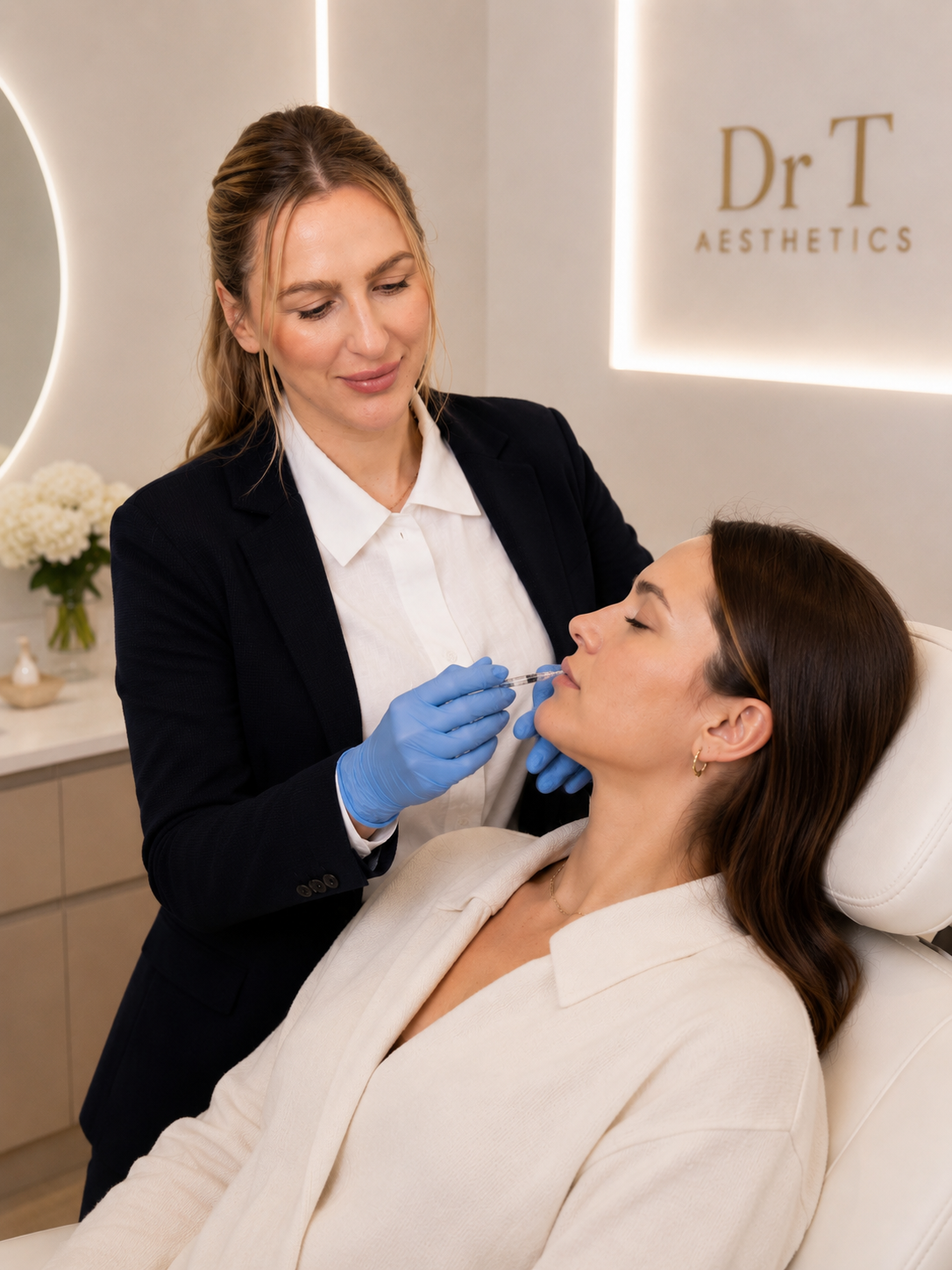 A woman receiving a cosmetic treatment from a professional wearing gloves, inside an aesthetics clinic with a "Dr T Aesthetics" sign in the background.