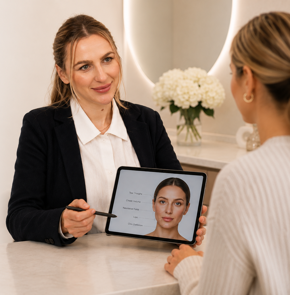 Doctor-led aesthetic consultation discussing personalised facial treatment options.
