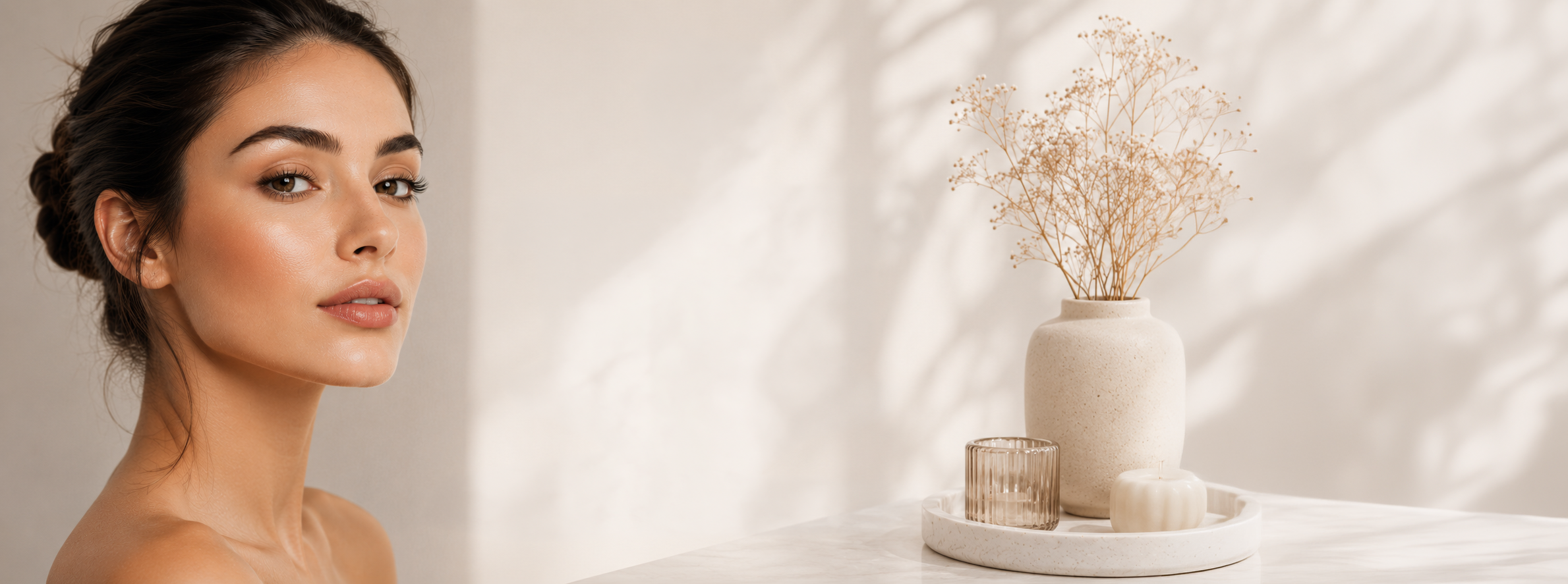 A portrait of a young woman with smooth skin and brown hair styled in a braided updo, positioned next to a white table with decorative vases and dried floral arrangement, in a softly lit room.