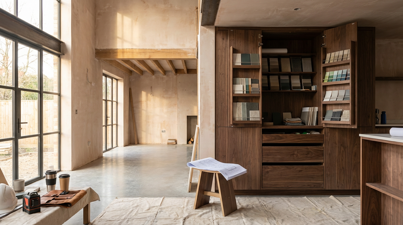 An interior view of a room under construction with large floor-to-ceiling windows, unfinished walls, a wooden storage cabinet filled with color samples or swatches, a small table with blueprints, and construction tools.