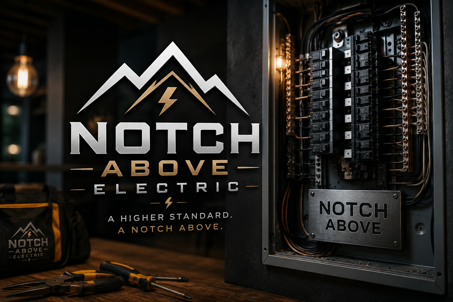 Close-up of an electrical panel with wires and switches, with a sign reading "Notch Above Electric" and a logo of mountains and a lightning bolt, indicating an electrician or electrical company branding.