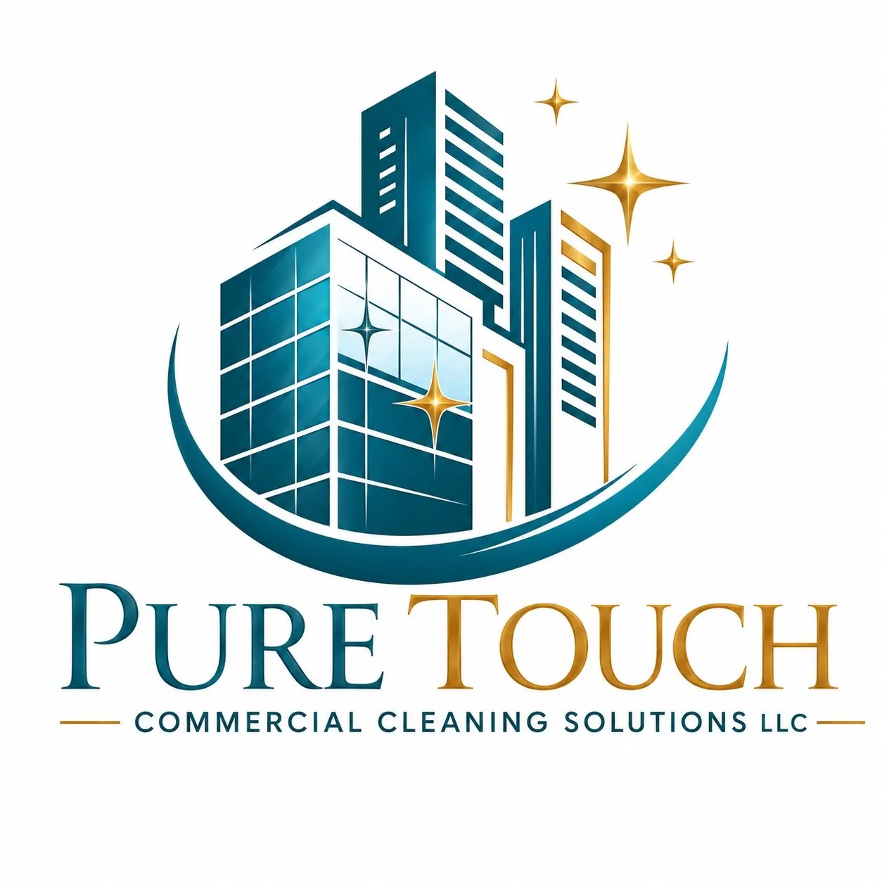 Logo for Pure Touch Commercial Cleaning Solutions LLC featuring a stylized illustration of modern skyscrapers with shining stars and a crescent moon, and the company name in blue and gold text.
