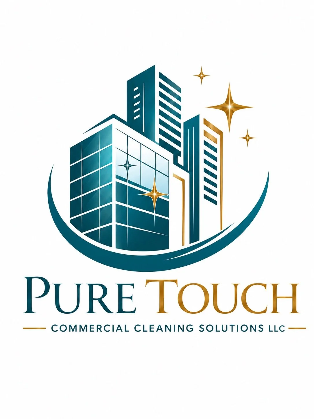 Logo for Pure Touch Commercial Cleaning Solutions LLC featuring a stylized cityscape with shining stars