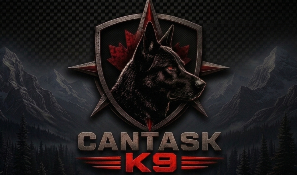 A logo featuring a black German Shepherd dog's head with red eyes, set against a mountain and forest background, with text that reads 'CANTASK K9'.