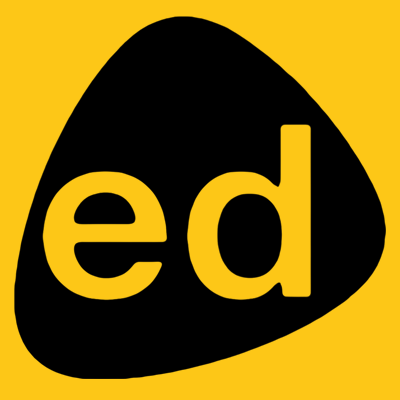 Yellow background with a black oval shape and the lowercase letters 'ed' inside.