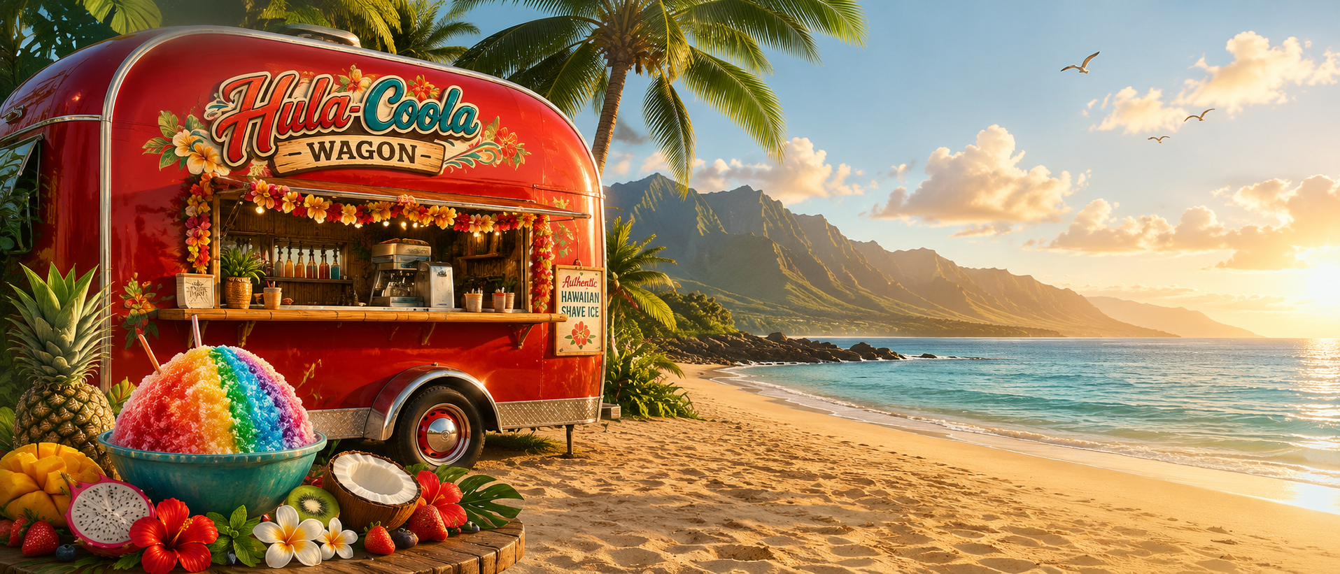 A colorful Hawaiian shave ice truck on a tropical beach at sunset, with mountains, palm trees, and birds in the background.