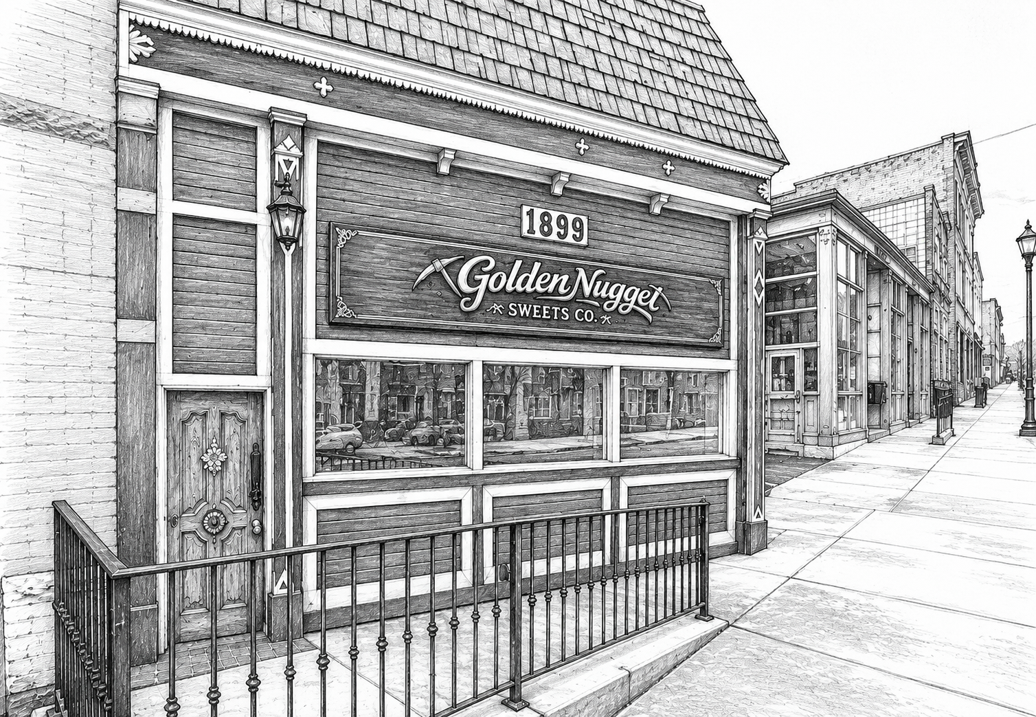 Black and white photograph of a quaint storefront titled 'Golden Nugget Sweets Co.' with an '1899' sign above the entrance, featuring a decorative wooden door, large display windows, a patio railing, and a sidewalk with street lamps and buildings in the background.