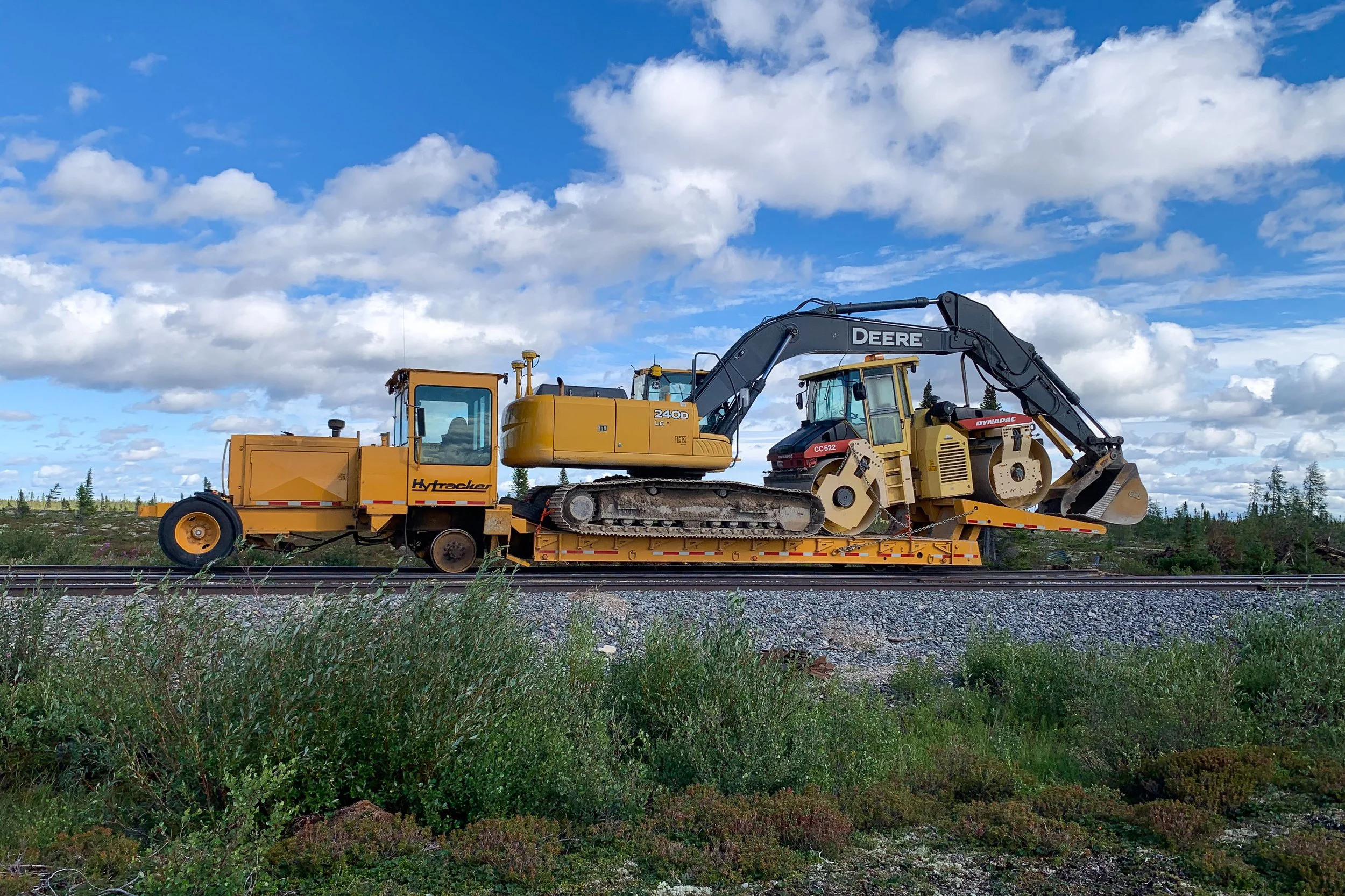 An excavator being transported on a flatbed trailer on railroad tracks, with a blue sky and white clouds overhead.