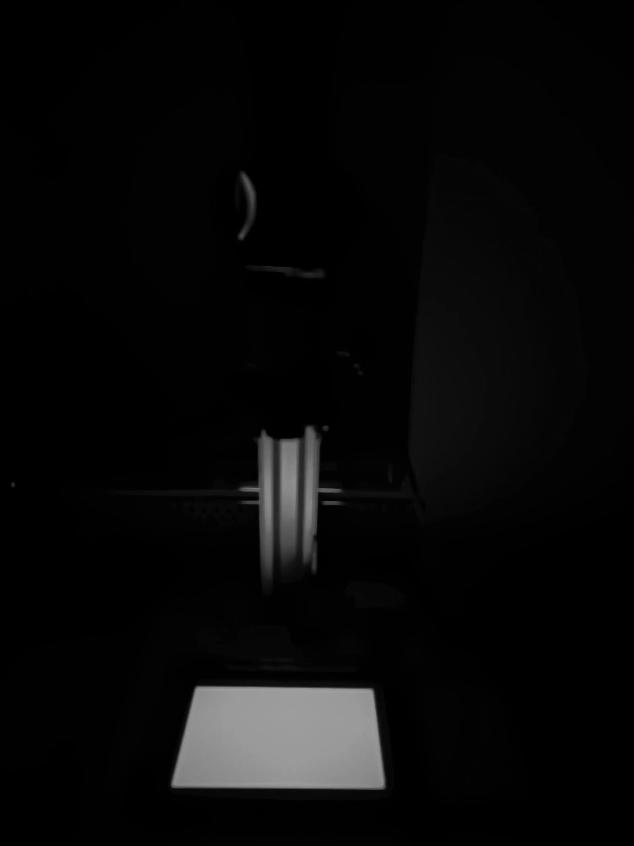 A photographic enlarger casting light on the easel.