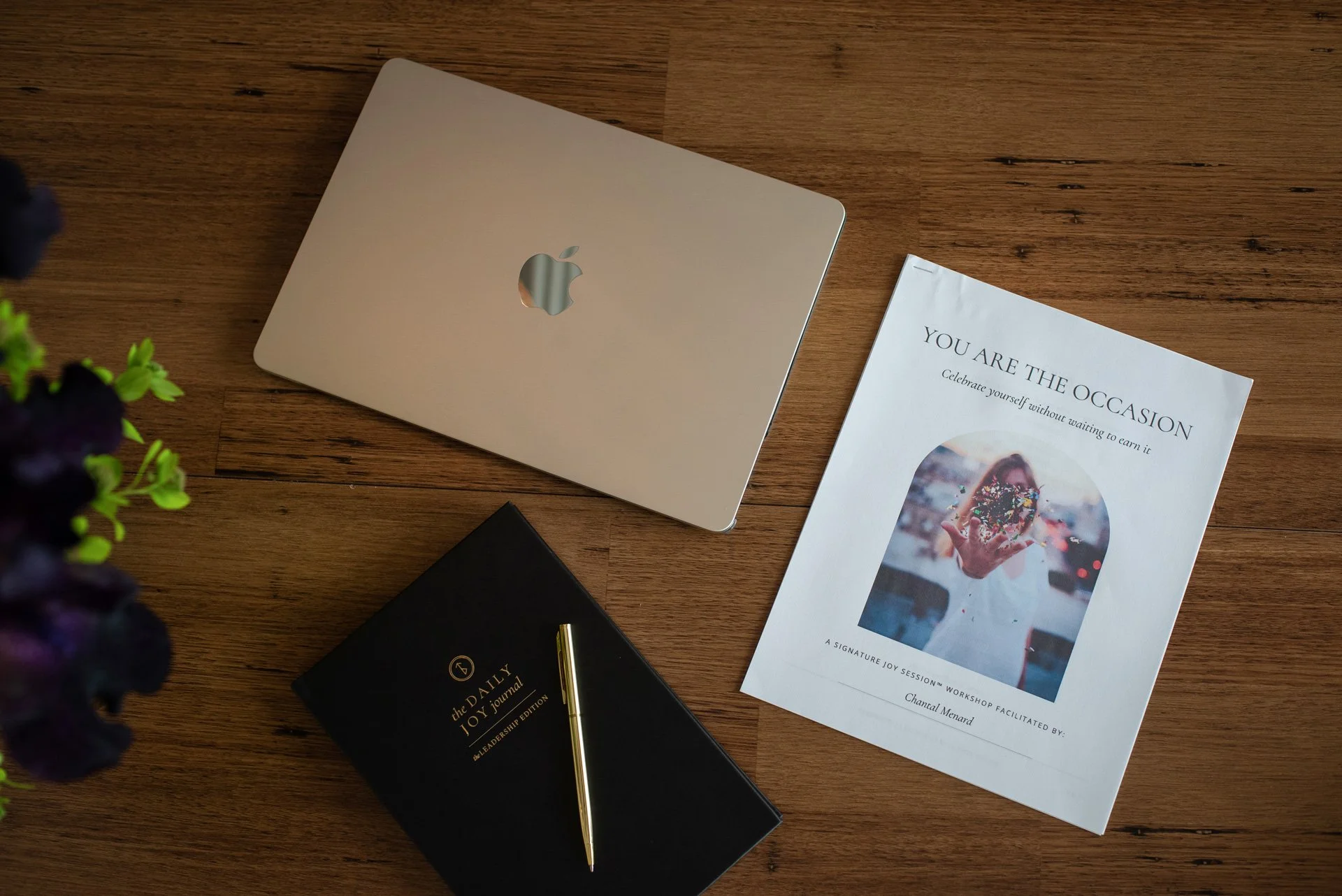 A closed silver MacBook on a wooden desk next to a booklet titled "You Are The Occasion" featuring a person throwing confetti. A black journal with gold lettering and a gold pen lie nearby, with some purple flowers partially visible in the foreground.