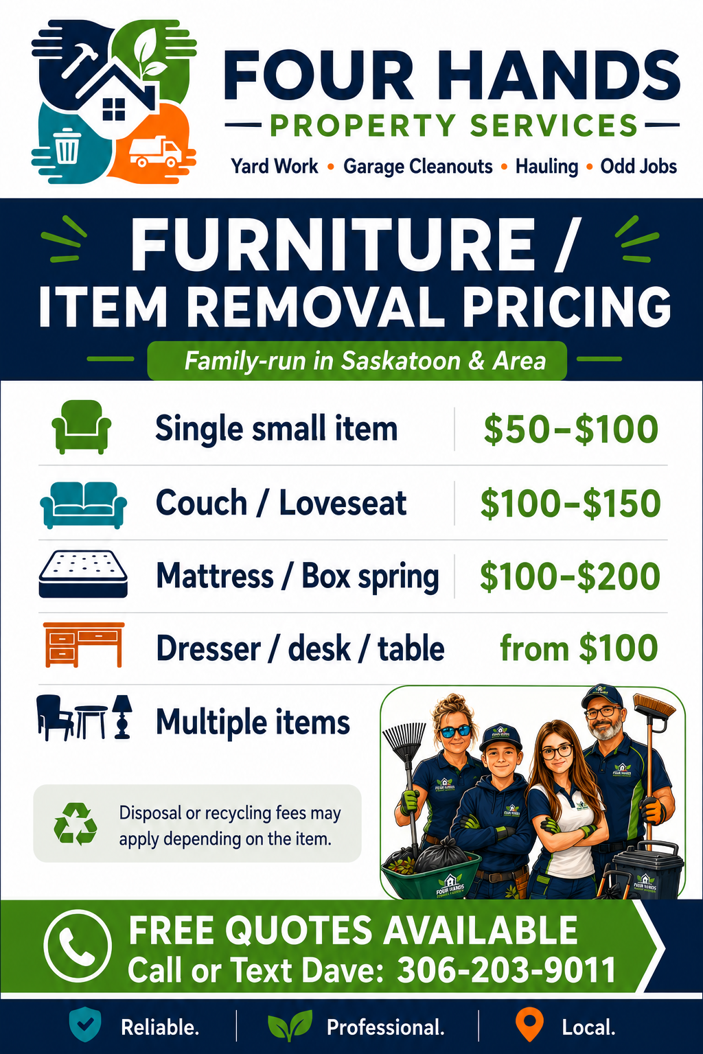 A flyer for Four Hands Property Services advertising furniture and item removal pricing in Saskatoon and area, featuring icons of furniture and a picture of four people in uniform.