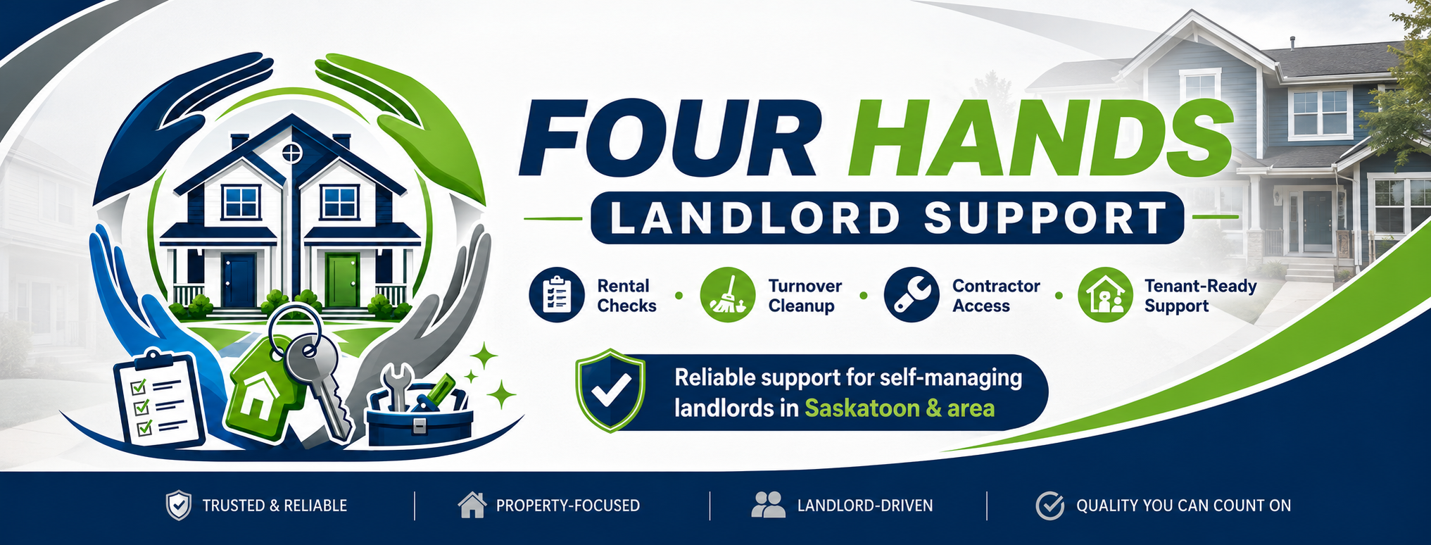 A promotional graphic for Four Hands Landlord Support showcasing services like rental checks, turnover cleanup, contractor access, and tenant-ready support, with icons and a background of residential houses.