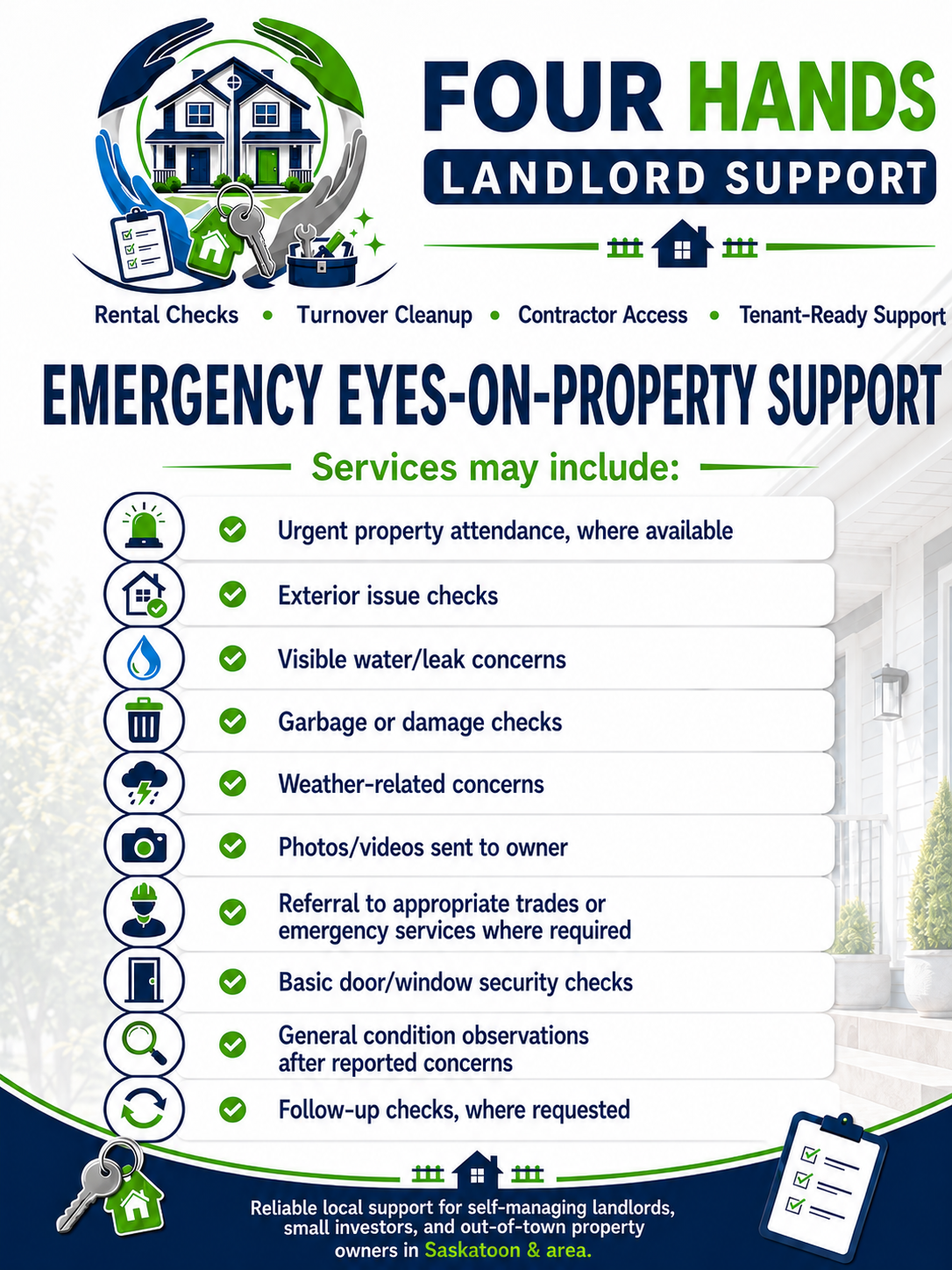 Flyer for Four Hands Landlord Support offering emergency property support services, including rental checks, exterior checks, water leak concerns, damage checks, weather concerns, documentation, referrals, security checks, inspections, and follow-up.
