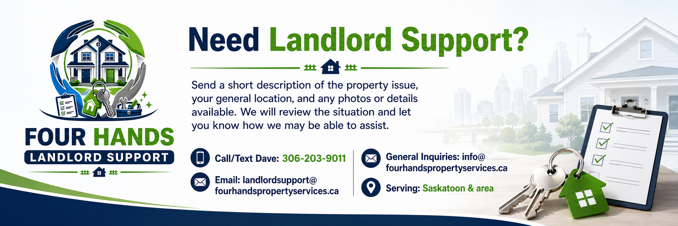 Landlord support flyer with a house logo, key, clipboard, and keys, offering contact information and service area of Saskatoon and region.