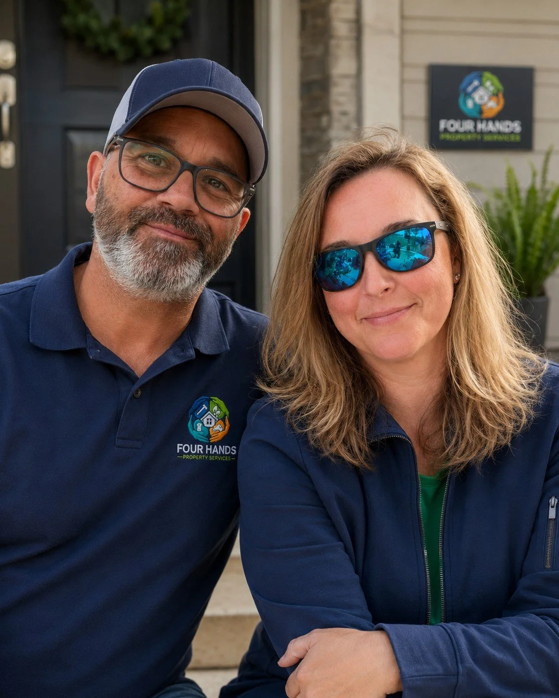 A man and woman wearing matching navy blue shirts with the 'Four Hands Property Services' logo, smiling outdoors.