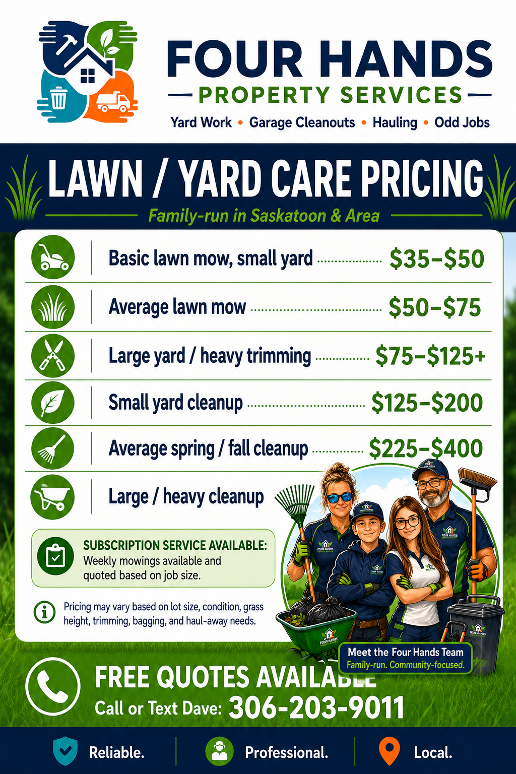 Flyer for Four Hands Property Services offering lawn and yard care services in Saskatoon and area, with pricing for various yard work and cleanup options, featuring a family photo of service workers and contact information for free quotes.