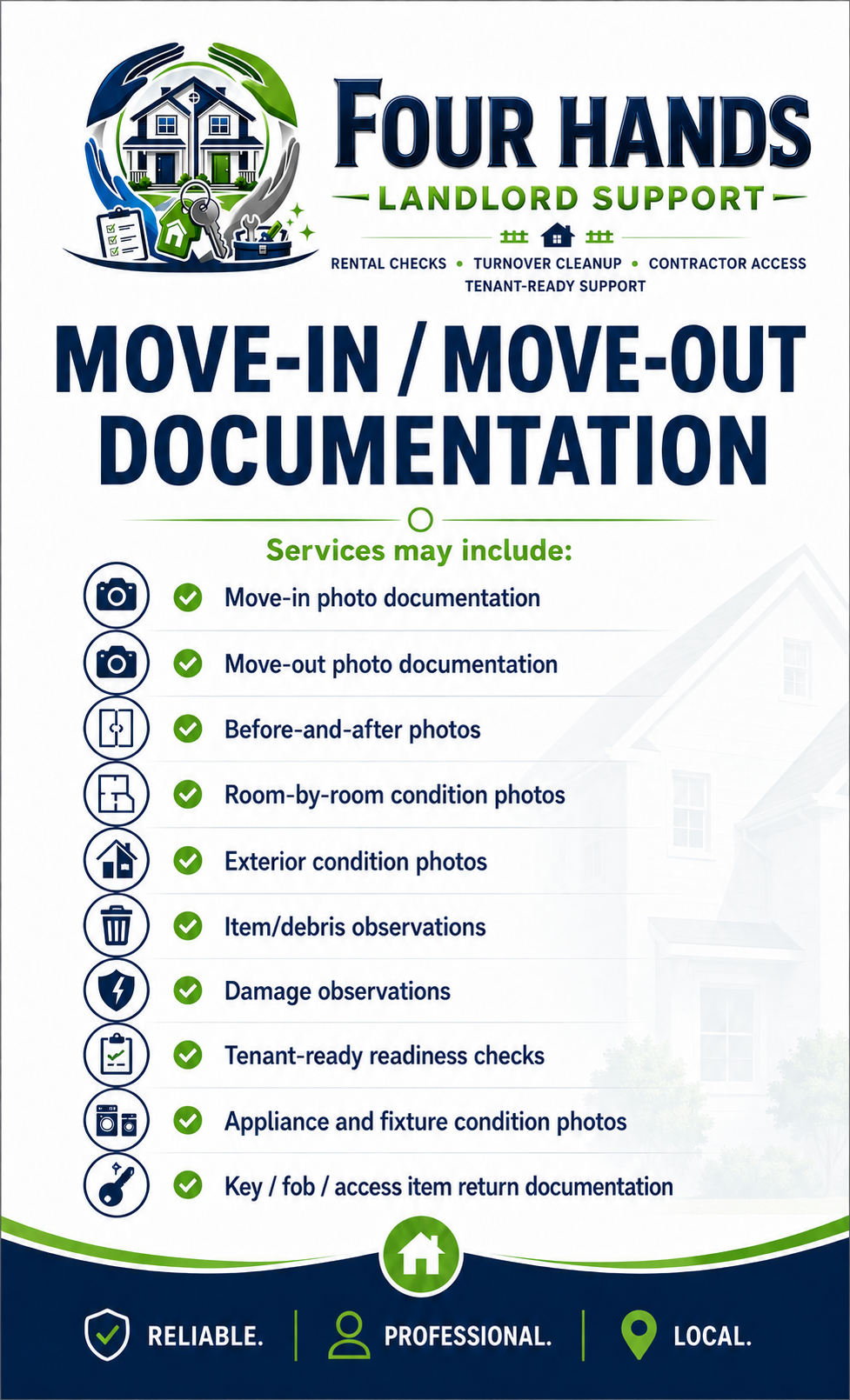 Flyer for Four Hands Landlord Support offering move-in/move-out documentation services, including photos and condition reports, with icons and bullet points listing the specific services provided.