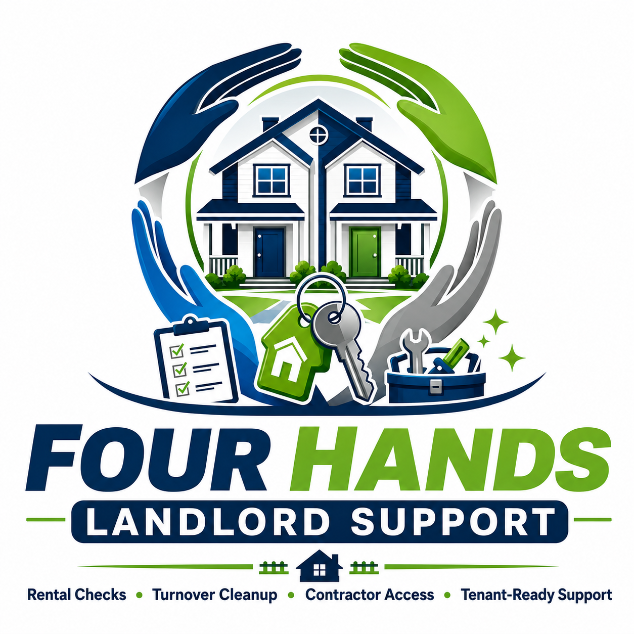 Logo for Four Hands Landlord Support featuring two houses surrounded by four hands, with icons of a clipboard, house key, wrench, and toolbox, emphasizing property management services and landlord support.