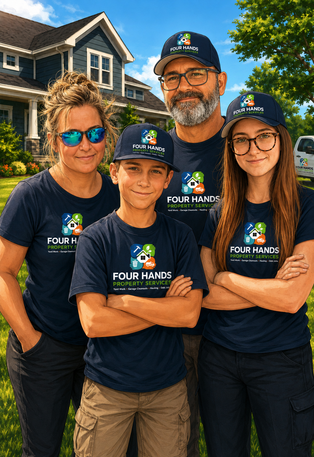 A family of four wearing matching navy blue 'Four Hands Property Services' t-shirts and hats, standing in front of a house and smiling at the camera.