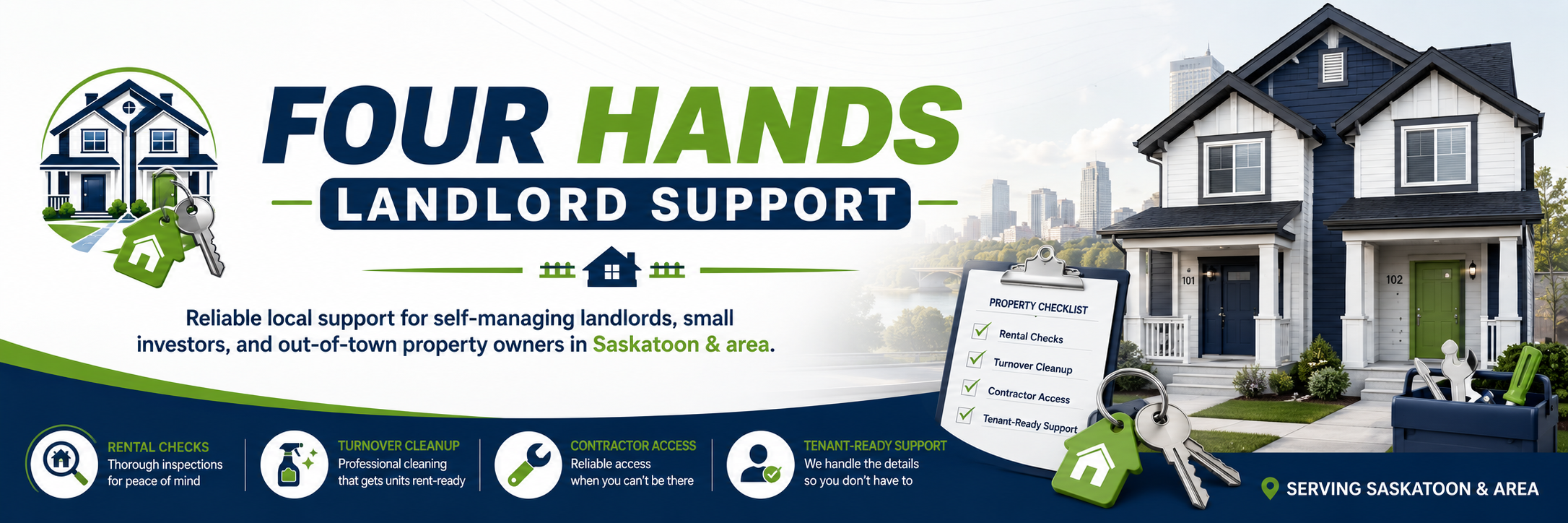 Illustration promoting landlord support services with a house, keys, and checklist, featuring a modern two-story house with a dark blue exterior and green door, set against an urban skyline.
