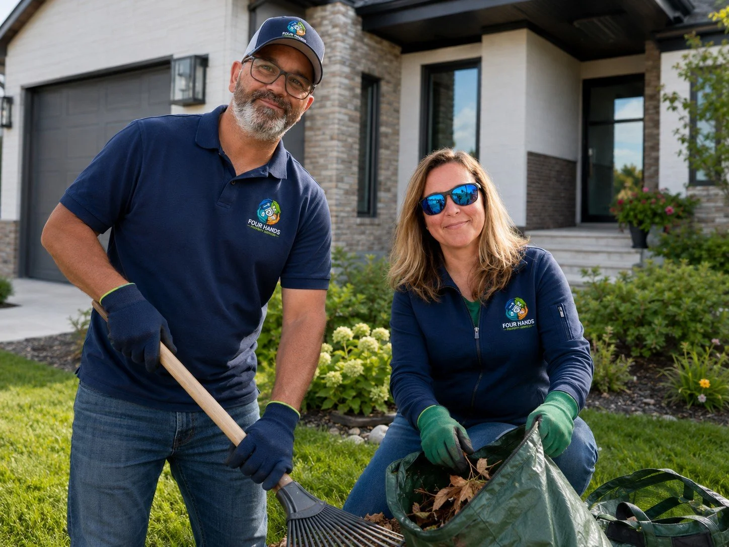 Two volunteers wearing matching navy blue shirts with a Four Hands logo, gardening in a residential yard, one holding a rake, the other filling a bag with leaves, in front of a modern house with a landscaped garden.
