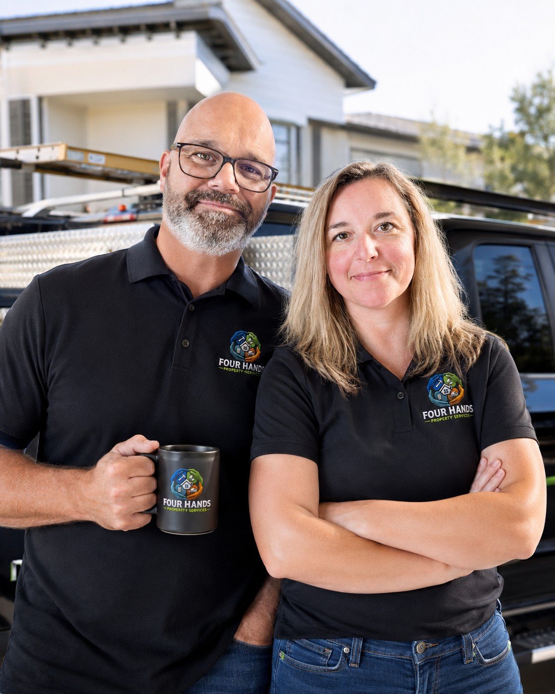A man and woman stand outside in front of a truck, both wearing black polo shirts with a company logo for Four Hands Property Services. The man holds a coffee mug, and both are smiling at the camera.