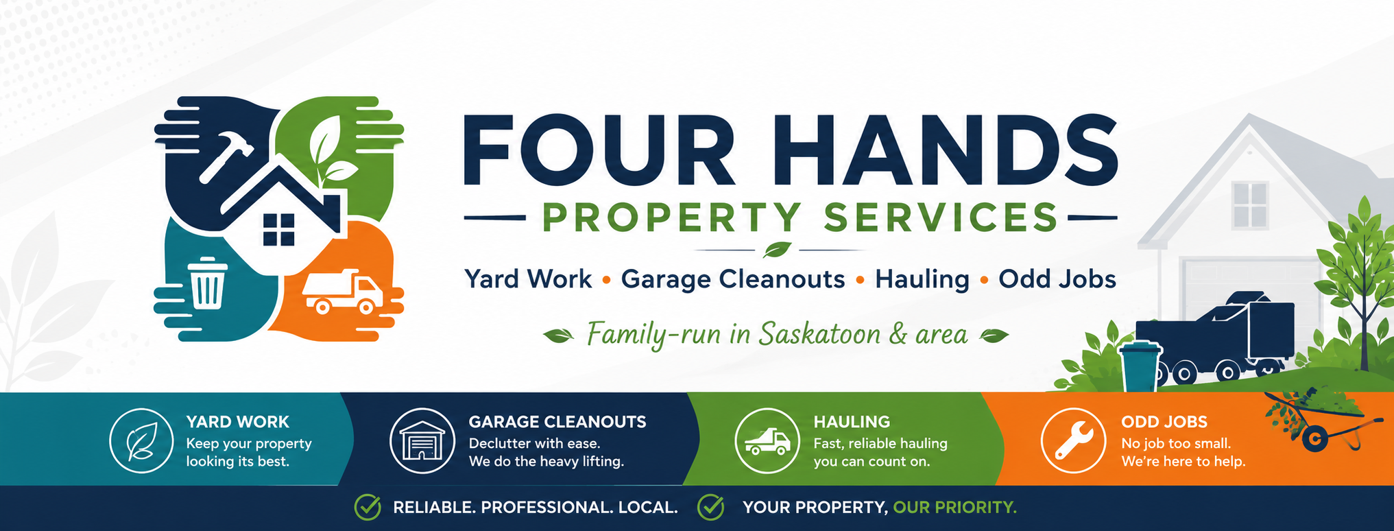 Banner for Four Hands Property Services, offering yard work, garage cleanouts, hauling, and odd jobs, with icons representing each service and text indicating family-run in Saskatoon & area.