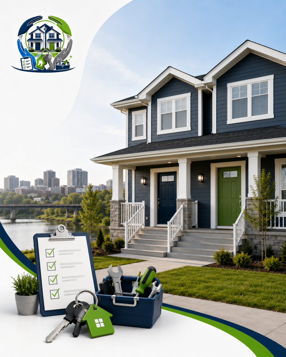 Front view of a modern blue house with white trim and two doors, one blue and one green, on a lawn with small trees and bushes, overlooking a river and city skyline, with a checklist, keys, and tools in the foreground.