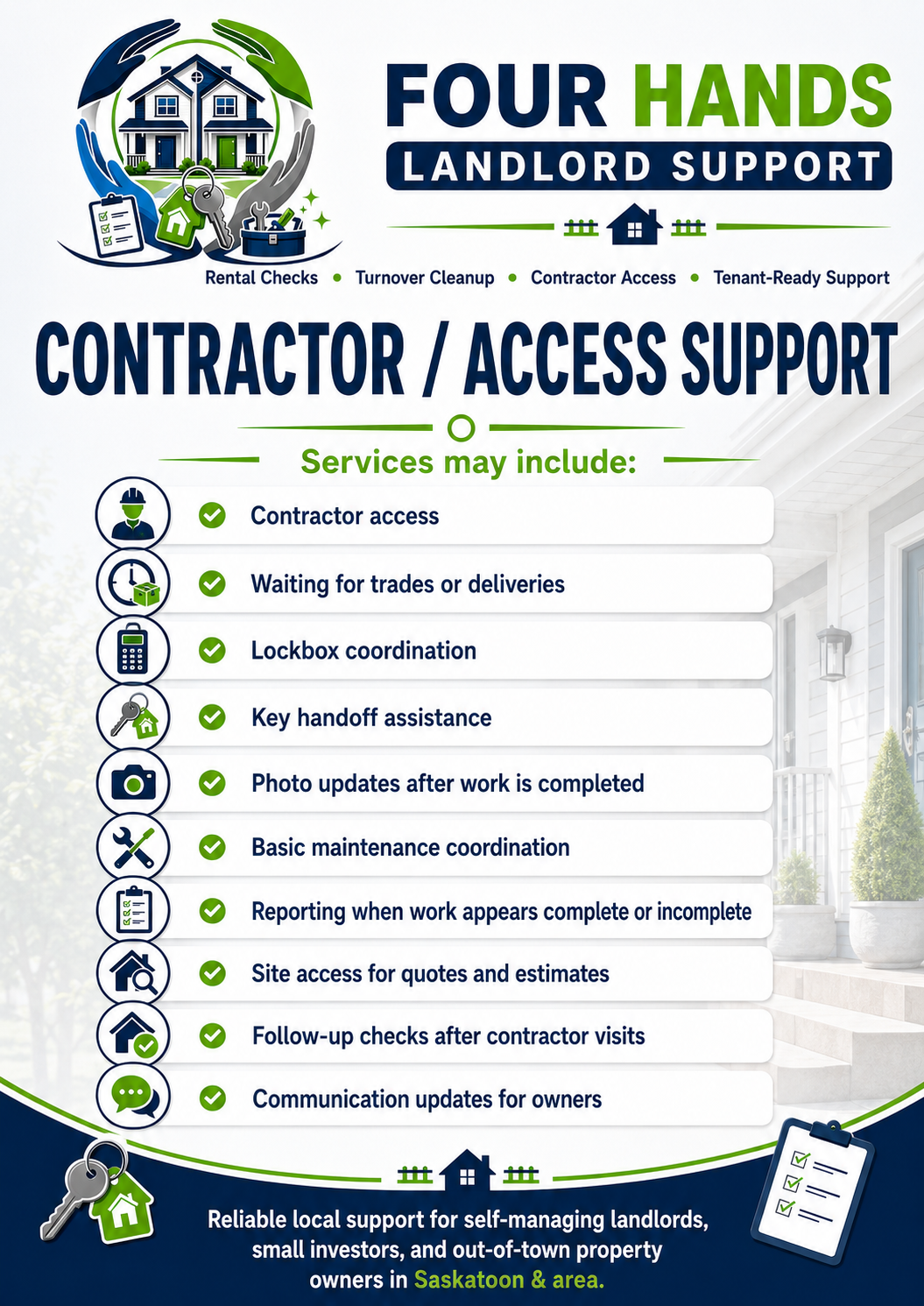 Information poster for landlord support services, emphasizing contractor and access support with checkmarks for services like contractor access, waiting for trades, lockbox coordination, key handoff, photo updates, maintenance, reporting, site quotes, follow-up checks, and communication updates. Includes icons of houses, keys, tools, and checklists, and mentions Saskatchewan and area.