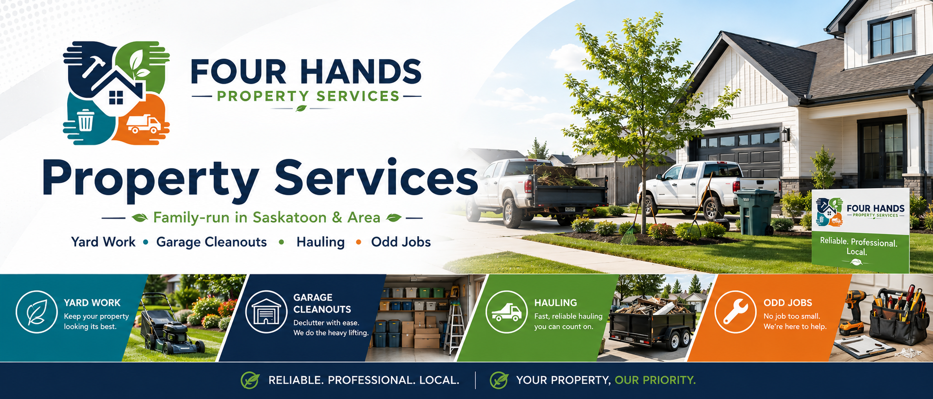 Promotional sign for Four Hands Property Services featuring service categories like yard work, garage cleanouts, hauling, and odd jobs with images of lawn mowers, storage shelves, a trailer full of debris, and tools.