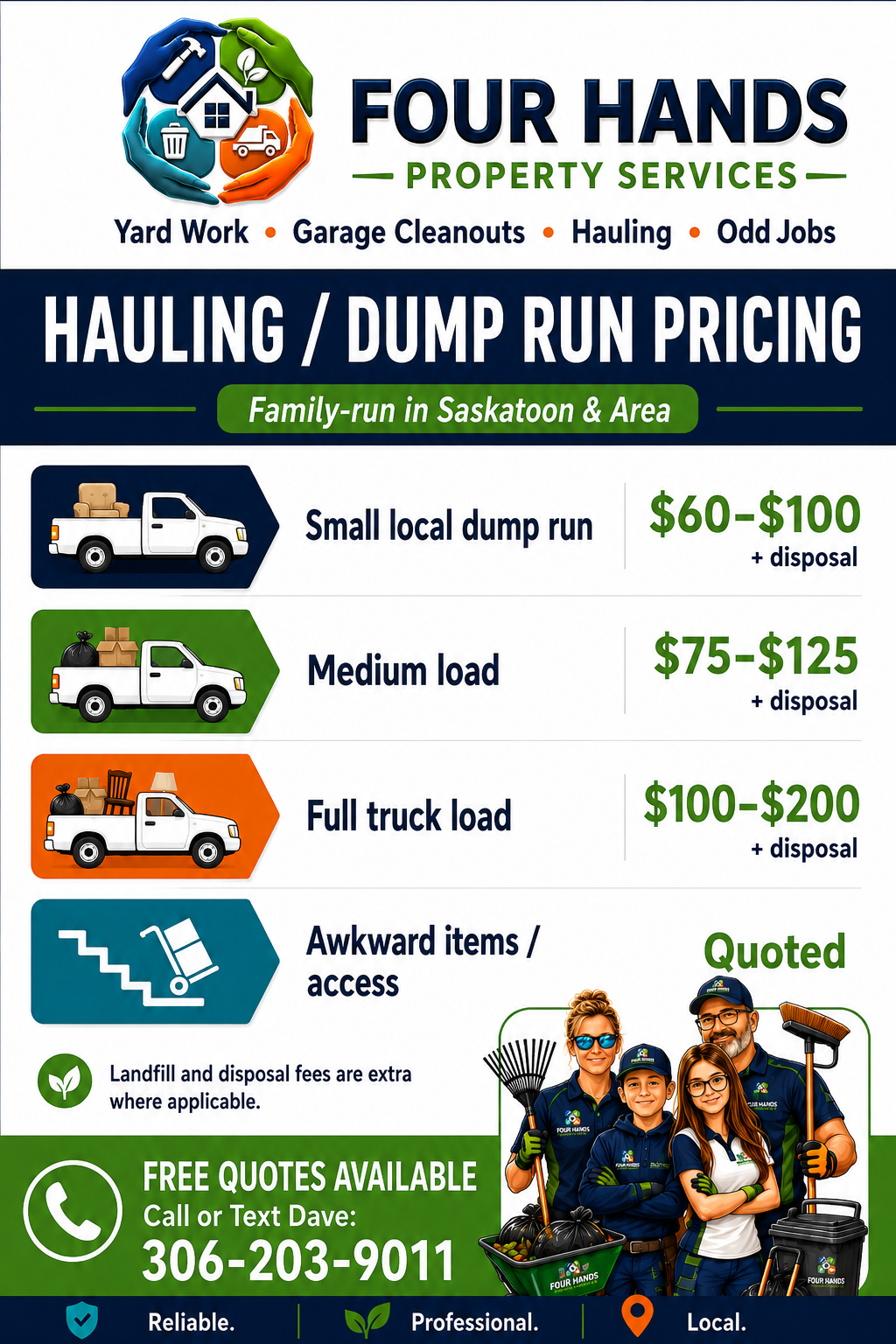 Flyer for Four Hands Property Services advertising hauling and dump run pricing in Saskatoon and area. The flyer includes contact info, service details, and an image of three workers in uniforms holding cleaning tools, standing next to a green bucket and a toolbox.