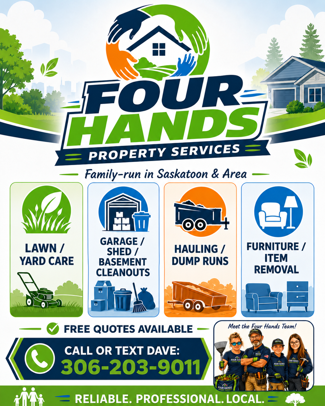 Flyer for Four Hands Property Services offering lawn care, garage and basement cleanouts, hauling and dump runs, and furniture removal, serving Saskatoon and area.
