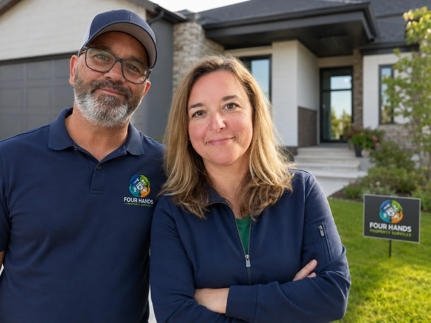 A man and a woman standing outside in front of a modern house with a sign for Four Hands Property Services. The man has glasses, a cap, and a beard, wearing a navy polo with the company logo. The woman has blonde hair, wearing a navy jacket with the logo, smiling with arms crossed.