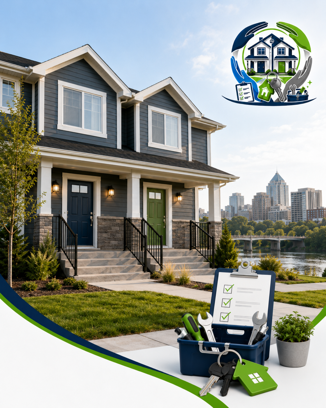 A modern two-story house with blue siding, white trim, and stone accents, located near a river with a city skyline in the background. The scene includes a toolkit and checklist on a clipboard, a box of tools, and a small potted plant, indicating house maintenance or inspection.