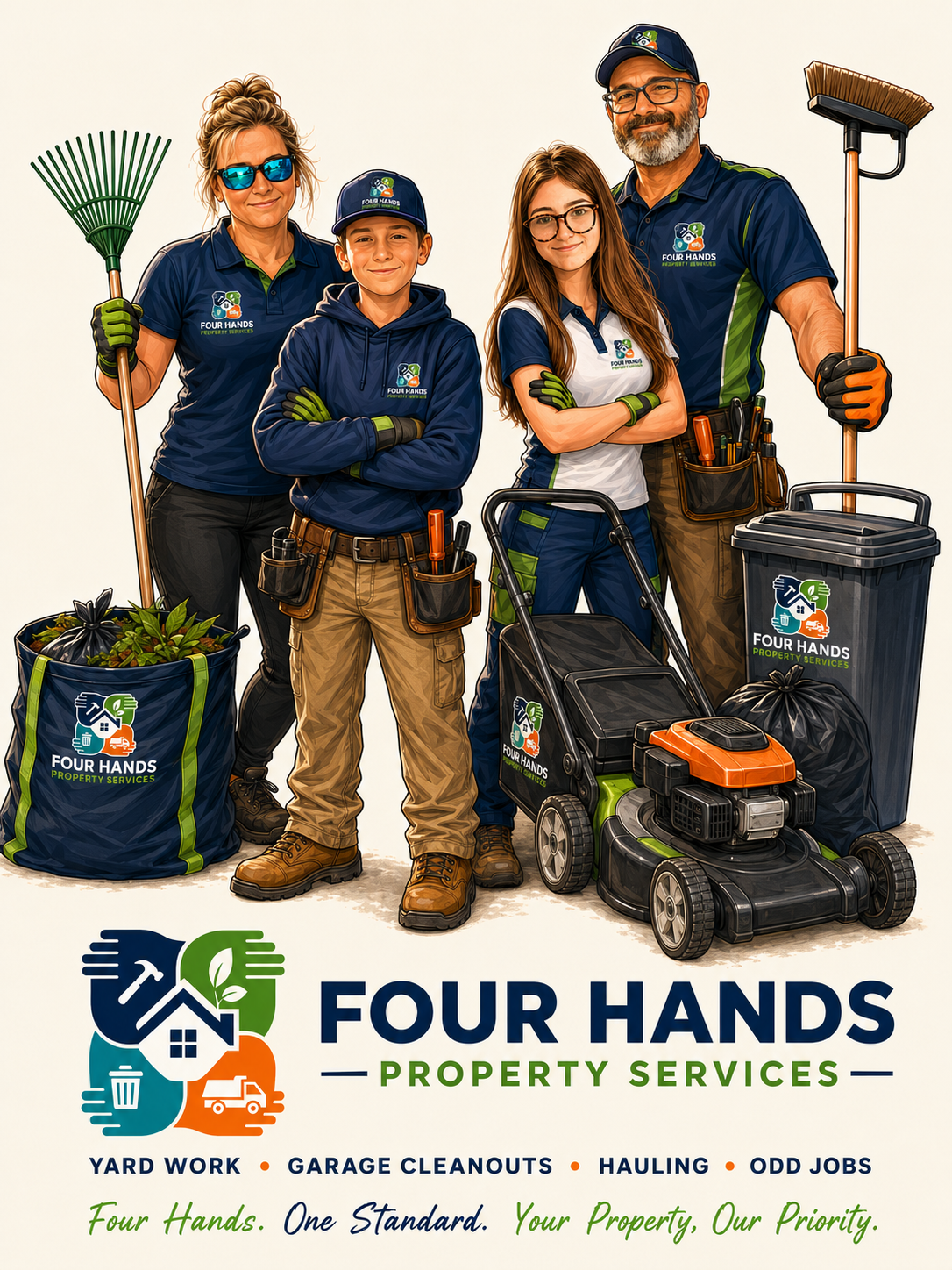 Family of four wearing work uniforms with logos of Four Hands Property Services, standing with yard tools and trash bags, promoting yard work, garage cleanouts, hauling, and odd jobs.